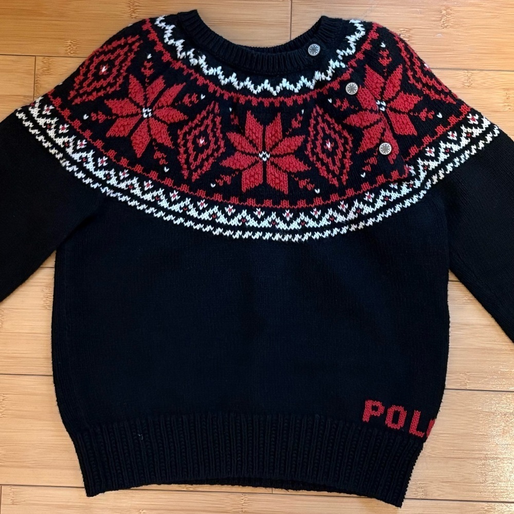 Polo by Ralph Lauren Black and Red Knit Fair Isle Sweater Girls 6X - Picture 2 of 7